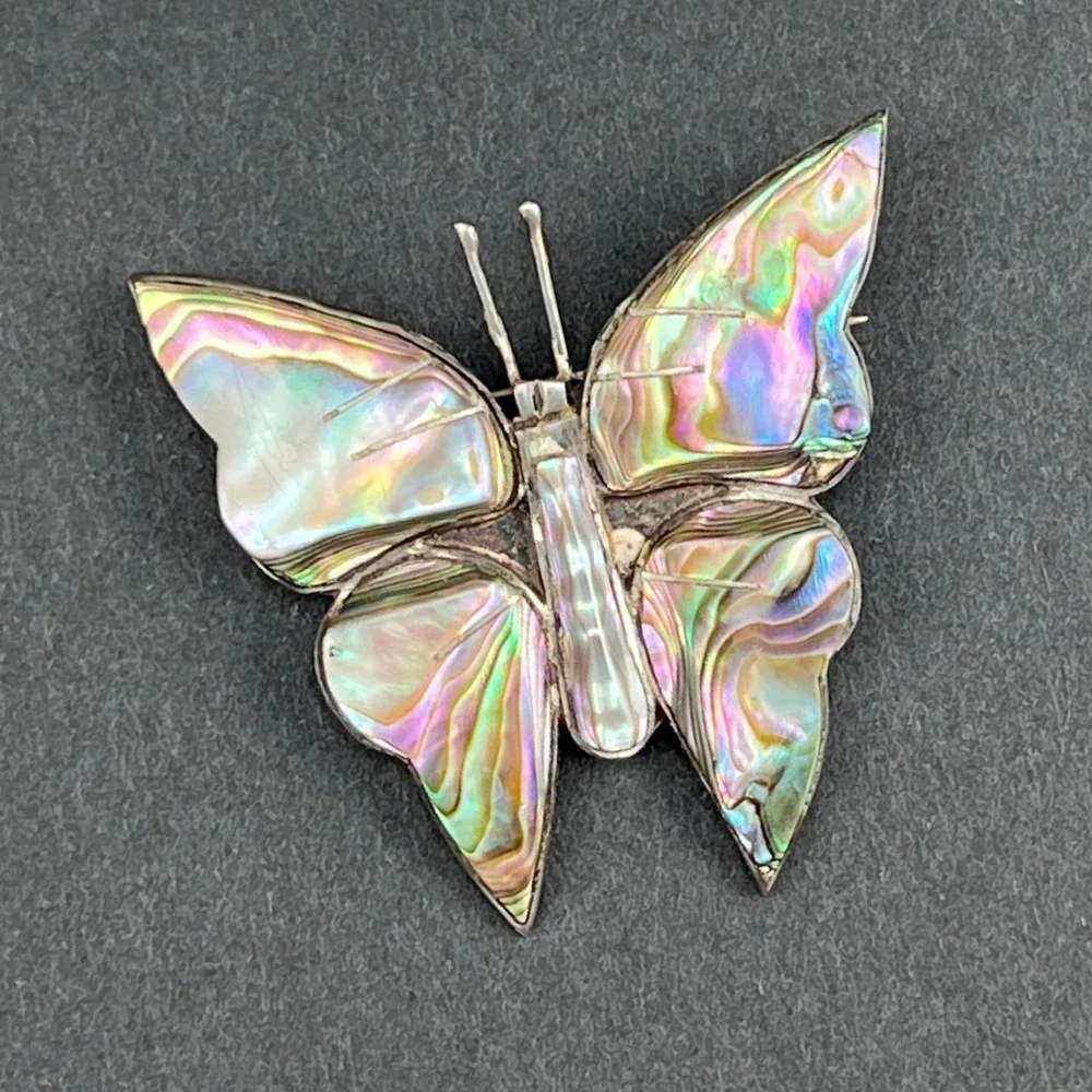 Vintage Butterfly Brooch Mexico Sterling Silver Abalone Shell Insect 2